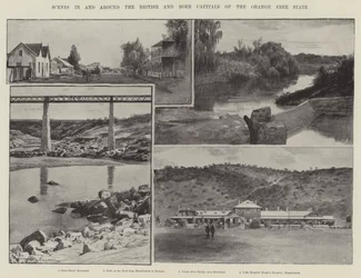 Escenas en y alrededor de las capitales británica y bóer del Estado Libre de Orange